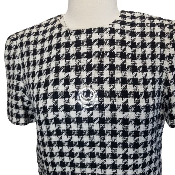 Albert Nipon Dress Size 10 Houndstooth Shift Dress Fringe Trim Black White - Picture 3 of 9